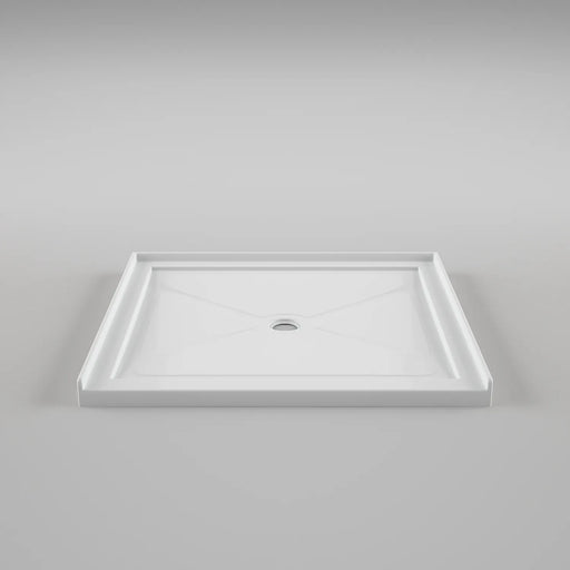 White Acritec minimalist single threshold shower base with center drain and ultra-low profile in a contemporary bathroom
