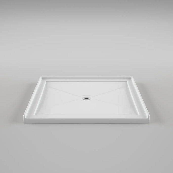 White Acritec minimalist single threshold shower base with center drain and ultra-low profile in a contemporary bathroom