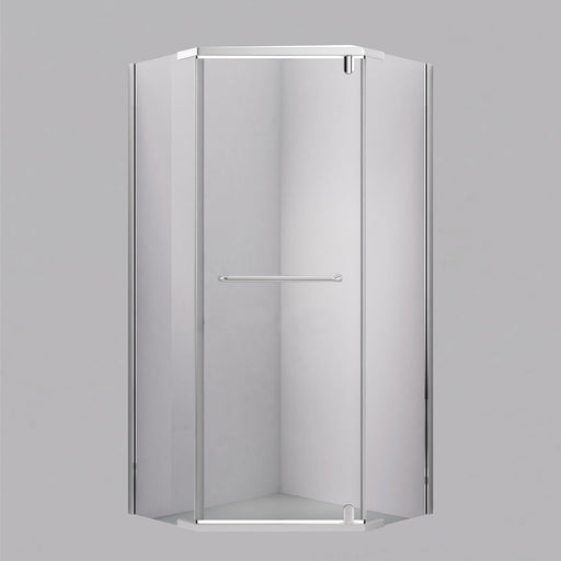 Acritec Swayze semi-frameless corner shower door in chrome with tempered glass panels installed in neo-angle bathroom corner, Installed Acritec Swayze corner neo-angle enclosure showing reversible design and easy-clean features in brushed nickel finish