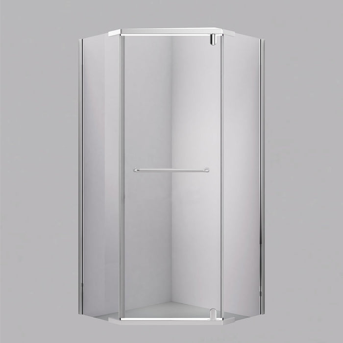 Acritec Swayze semi-frameless corner shower door in chrome with tempered glass panels installed in neo-angle bathroom corner, Installed Acritec Swayze corner neo-angle enclosure showing reversible design and easy-clean features in brushed nickel finish