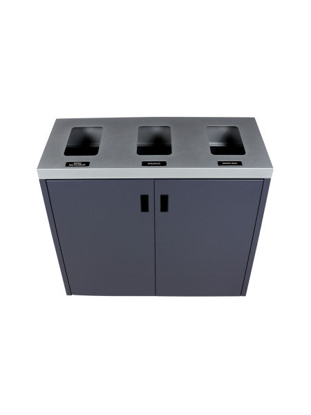 Front view of Summit triple bin showing Mixed Recyclables, Organics & Waste labels