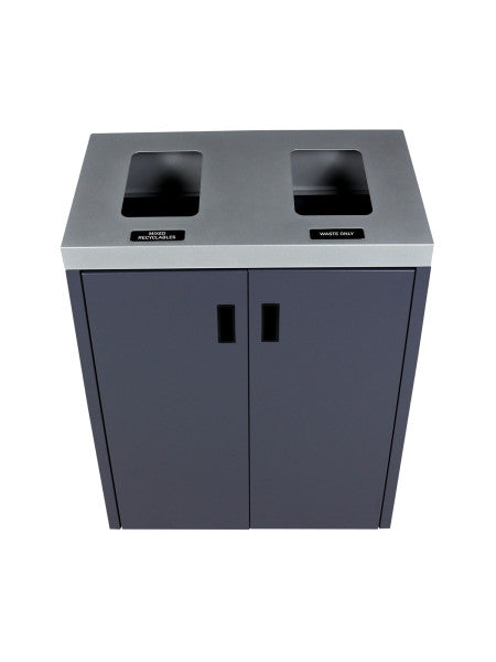 Front view of Summit double bin showing Mixed Recyclables and Waste labels