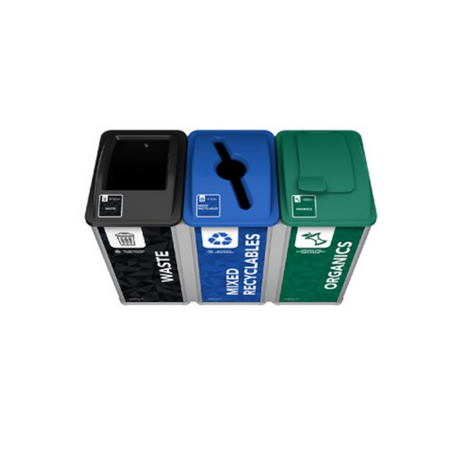 Front view of connected Mosaic triple bin with full Waste, Mixed Recyclables & Organics signage
